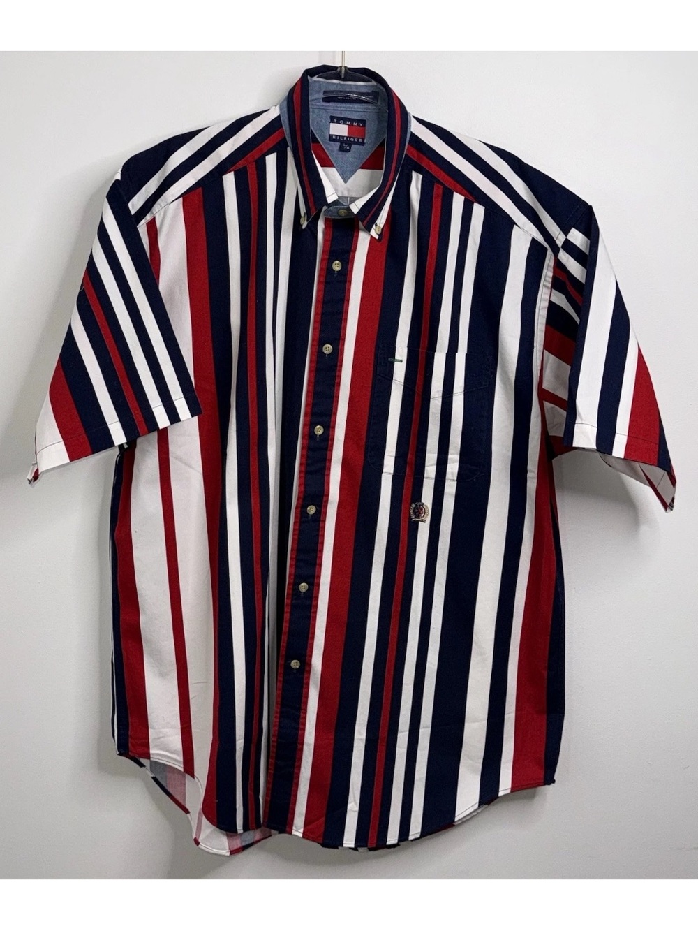 Vintage 90s Mens L Tommy Hilfiger 4th July Short Sleeve Button Shirt Color Block
